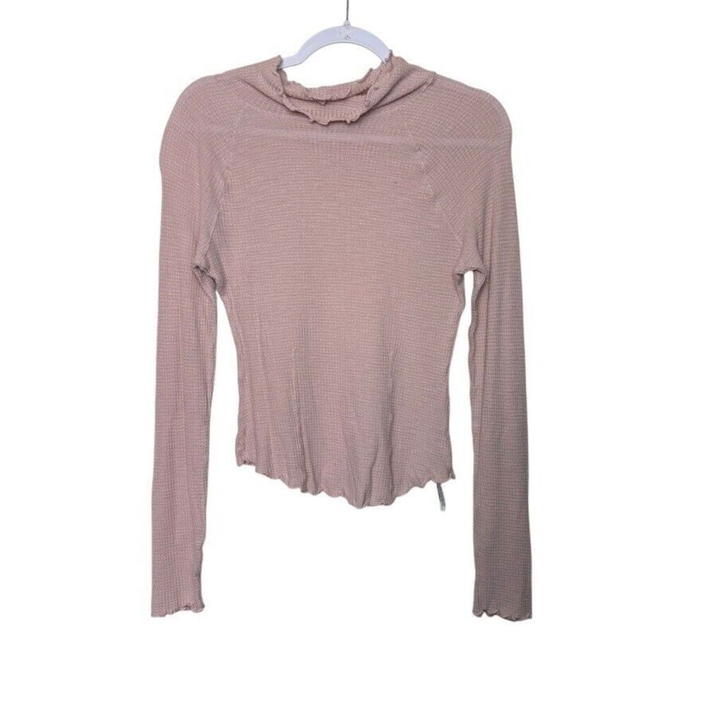 Free People Make it Easy Thermal Turtleneck Top Women L Blush Pink Stretch Boho